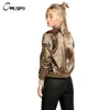 Venta al por mayor- 2016 Satin Gold Women Jacket Bomber Coats Cremallera larga Decoración Manga Stand Collar baseball Outwear veste abrigos mujer QL2720