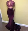 Velvet Two Pieces Real Image Prom Dresses Beaded Sheer Appliques Long Sleeves Mermaid Evening Gowns Arabic Vestidos Celebrity Party Dress