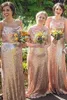 Lentejuelas brillantes Vestidos de invitados de boda Elegantes tirantes finos Funda con faja Vestidos largos para damas de honor Vestido de dama de honor barato con lentejuelas de lujo