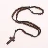 Atacado - Homens Mulheres Católicos Cristo de Madeira 8mm Rosário Bead Cross Pingente Tecido Corda Colar Preto / Brown / Bege / Ligt Brown