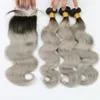 Wet And Wavy 1B Grey Ombr￩ Capelli malesi 3 fasci con chiusura Radici nere Ombre grigio argento Tesse di capelli umani Chiusura in vendita