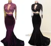 Fashion Velvet Purple Black Prom Dress 2018 Mermaid Long Cheap Designer High Neck Long Sleeves Applique Sequin Beaded Dresses Evening Party