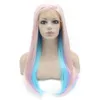 Perruque Lace Front Wig synthétique lisse 24 pouces, cheveux longs, rose bleu, respectueux de la chaleur, trois tons, S02