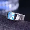 100％天然青いTopaz Man Ring Classic Silver Gemstoneリング8mm * 8mm Topaz Solid 925銀中立トパーズリング