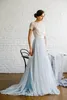 Gorgeous Lace Tulle Wedding Dresses Scoop Short Sleeves Applique with Sparkling Beads Open Back Ivory and Light Gray Long Bridal Gowns Beach
