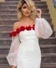 White Special Design Elegant Prom Dresses Off Shoulder Puff Sleeve Knee-Length Party Gowns With Hand Made Flowers Custom Made Formal Dresses