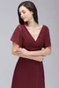 Prix Dark Wholesale Red Long Murffon Robes V Neck Low Back Flowy A Line Evening Party Robes avec des manches d'enceintes bon marché en ligne