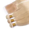 Estensioni dei capelli umani biondi russi Capelli vergini europei Tessuto dritto Tessuto biondo platino Trama europea dei capelli con chiusura Nessun capannone