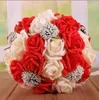 PE Rose Bride Bouquet Flores de noivas Artificiais Buquê de Cristal de Buquê de Cristal de Cristal Ribbon Buquets de fita de seda