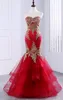 2021 Red Gold Mermaid Abito da sera economico Sweetheart Applique in pizzo Ruffles Strati Tulle Lungo Prom Pageant Abito formale per ragazze Pa256p