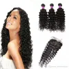 Brazilian Deep Wave Weave 3 buntar med stängning Billiga obearbetade Djup Curly Virgin Human Hair Weave Extensions With Lace Closure