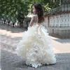 Champagne High Low Flower Girl Dresses Beaded Organza Ruffles V Neck Short Front Long Back First Communion Dress 2022 Girls Pageant Dresses