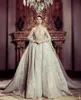 Sliver Luxury Wedding Dresses Sexy Sheer Bridal Gowns With Long Sleeves Full Bead Detachable Train Dress For Wedding