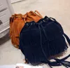New Fashion 2017 Suede Drawstring Bucket Bag Women Handbag Faux Fringe Tassel Shoulder Crossbody Messenger Bag Boho Style 3 colors206n