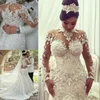 Dubai High-Neck Mermaid Brautkleider Brautkleider Sheer Long Sleeves Perlen Spitze Applique Brautkleid Sexy Tüll Langes Brautkleid
