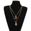 Hip Hop Smycken Egyptiska Stora Ankh Key Pendant Halsband Ställer in Mini Square Ruby Safir med Cross Charm Cuban Link för Mens Fashion