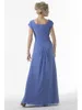 Blue Long Modest Bridesmaid Dresses With Short Sleeves Ruches Chiffon Cap Sleeves Floor Length Formal Country Bridesmaids Dresses