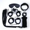 Läder Bondage Restraint Fetish Whip Rep Ögonbindel Handledsmanschetter Krage Mouth Gag Bondages kit 7 st/set vuxenprodukter sexleksaker