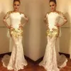 Saudi Arabia White See Through Prom Dresses Gold Appliques Lace Half Long Sleeves Mermaid Evening Gowns Custom Made Women Formal Vestidos