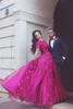 Fushia zei Muhammad prom dresses kant applique a line korte mouw avondjurken Arabische vrouwen formele feestjurk