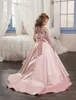 2017 Cute Princess Pink Girls Vestidos del desfile Mangas largas Cuello de joya Nudo de lazo grande Con cuentas Hasta el suelo Vestido formal Vestidos de niña de las flores