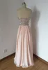 100% Real Photos A-Line Sweetheart Prom Dress Pale Pink Chiffon Crystal Diamond Top Long Party Dress Hollow Out Bortsett med Front Slit