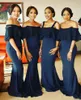 2017 Yeni Zarif Lacivert Kapalı Omuz Nedime Elbiseler Dantel Boncuklu Sapanlar Denizkızı Düğün Konuklar Giymek Akşam Parti Törenlerinde