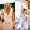 Vintage Country Beach Lace Wedding Dress Sheath V Neck Illusion Long Sleeves Appliques Bridal Gowns Buttons Sweep Train2704