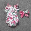 Baby Girl Floral Rompers Bodysuit med huvudband Ruffles Sleeve 2pcs Set Knappar Sommar Ins Romper Passar 6 stilar