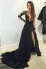 2018 Elie Saab Sexy Mangas largas Vestidos de noche divididos en negro Por encargo Hasta el suelo Ilusión Top de encaje Fiesta de gasa con cuentas Vestidos de baile