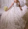 3d blommig applique bröllopsklänning illusion halsringning pärlstav kortärmad sheer backless brud klänning vacker kapell tåg spets bröllopsklänning