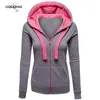 Wholesale- 3XL Grey Pink Hoodie Stitching Unisex Zip Up Hooded Lapel Zipper Hoodies Sweatshirt Women or Men Coat Top