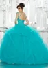 맞춤형 Quinceanera 드레스 레이스 아플리케 스팽글 긴 소매 블루 볼 가운 얇은 명주 그물 15 가운 플러스 크기 189Q