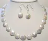 Natural11-12mm White Freshwater Pearl Coin Necklace Earrings Set 18"