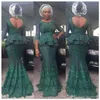 Aso Ebi Aftonklänningar med 3/4 Långärmade Illusion Peplum Lace Appliques Merrmaid Prom Klänning Lång Låg Back Zipper Afrikansk Party Dress