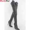 Wonderheel Aşırı Yüksek Topuk 12 cm Stiletto Overknee Çizmeler Mat Uyluk Yüksek Çizmeler Seks Fetiş Yüksek Topuk Lace Up Crotch Botlar