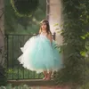 Mint Green Tule Flower Meisje Jurken voor Strand Bruiloft 8 Jaar Oude Baljurk Meisjes Pageant Jurk Bead Thee Lengte Communie Towns