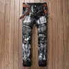 Hurtownia - Vintage Silver Paint Printed Ripped Rider Jeans Spodnie, 2017 Nowy Designer Fashion Jeans Mężczyźni, Najlepsza Jakość Marka Slim Męskie Dżinsy