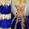 Vintage Prom Klänningar Guld Lace Appliques Royal Blue Evening Gowns Lace Up Back Off The Shoulder Formal Party Vestidos Custom Made