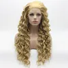 Iwona cabelo encaracolado longo três tons mel loira mix peruca 18 # 613/16 / 27hy meia mão amarrada resistente ao calor peruca dianteira do laço sintético