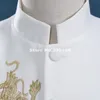 Men's Suits & Blazers Wholesale- 2021 Male Fashion Stand Collar Business Casual Tuxedos Chinese Dragon White Slim Tunic Blazer(Jacket+Pants)