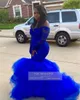 2020 Royal Blue Plus Size Mermaid Vestidos Mangas longas fora do ombro Lace apliques Beads vestidos de noite vestido formal do partido baratos Prom