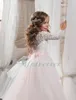 Sıcak Uzun Kollu Beyaz Dantel Pembe Çiçek Kız Elbise Pembe Kanat Kız Pageant Elbiseler çocuklar Gelinlik Modelleri