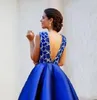 Sexy Royal Blue Short Prom Dresses Satin Deep V-Neck A-Line High Low Backless Lace Formal Evening Party Gowns 2019 Hot Selling New P201