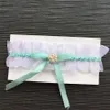 Nieuwe groene paarse satijn elastische keepsake toss garters bruiloft bruids kip gift benen ringen witte organza set parel lint boog