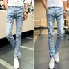 Hög quanlity 2017 ljusblå män tvättsträcka ben penna byxor tonåringar pojkar hip hop blekning denim jeans slim passform bottnar
