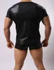 Homens de alta Qualidade T-shirt de Couro Preto Masculino Flexível Tops Apertados Manga Curta Bodycon Underwear Sexy Clubwear