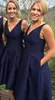 Fashion Navy Blue Bridesmaid Dresses Satin High Low V-Neck Simple Maid of Honor Dress Evening Party Gowns Formal Prom Dress