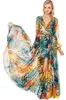 2016 nouvelle arrivée femmes col V Été tropical fleurs impression en mousseline de soie manches longues tempérament robe longue