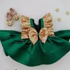 Adorable émeraude vert aline fille genoue fleur fille robe fille filles anniversaire robes de Noël gold paillettes fête formelle 2060781